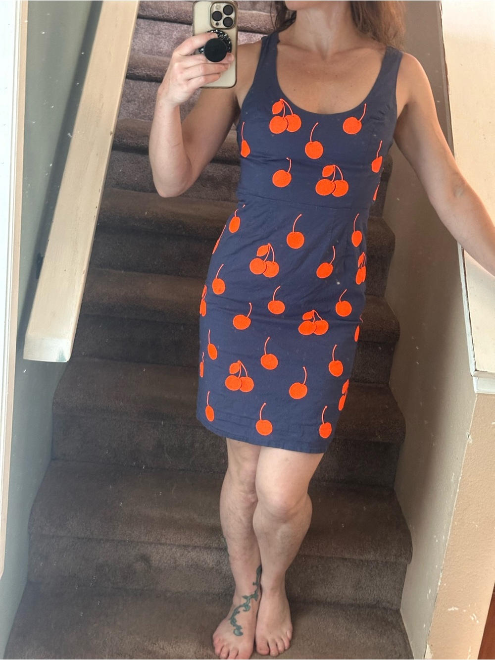 Navy Midi Dress with Orange Cherry Print